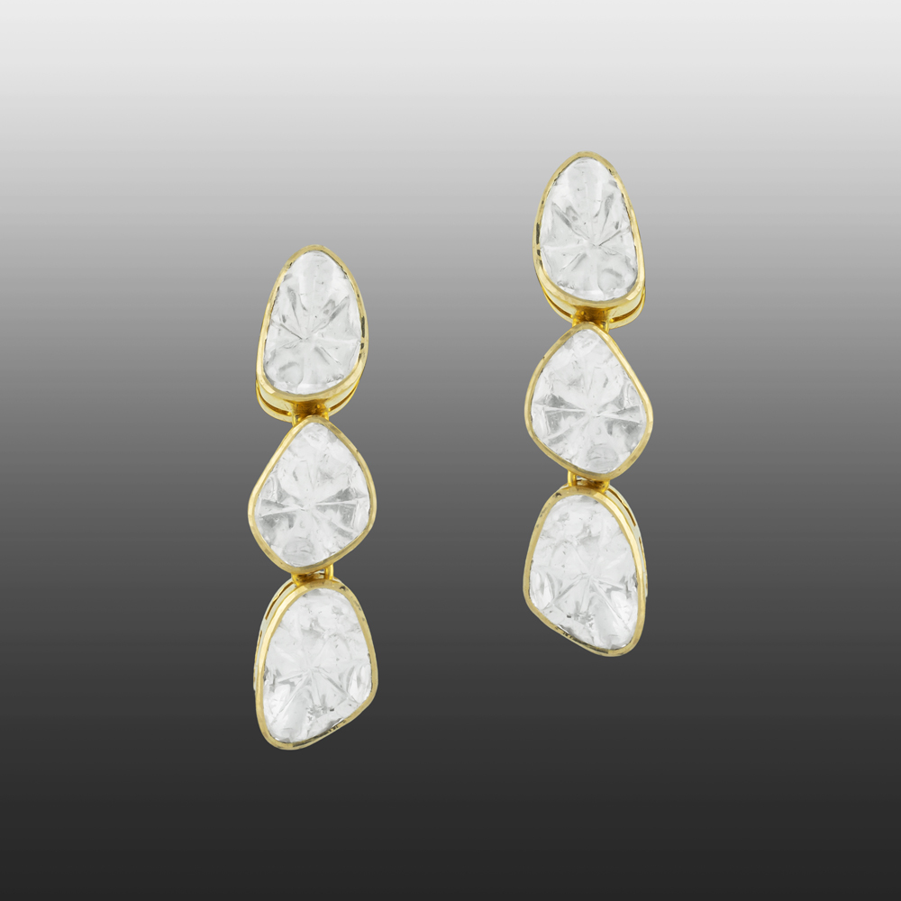 Triple Polki Diamond Earrings in Open Gold Setting